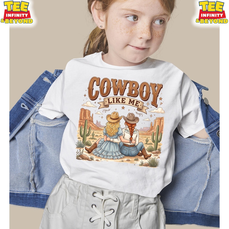 Puede incluir: Una camiseta blanca con un gr&aacute;fico de dos personas con sombreros de vaquero y ropa del oeste sentadas en un paisaje des&eacute;rtico con cactus y formaciones rocosas. El texto COWBOY LIKE ME est&aacute; impreso en marr&oacute;n sobre la ilustraci&oacute;n.