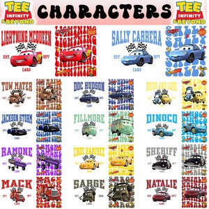 K&ouml;nnte beinhalten: Eine Collage aus 16 bunten Bildern mit Charakteren aus der Disney Pixar Cars-Reihe. Jedes Bild zeigt einen anderen Charakter, darunter Lightning McQueen, Mater, Doc Hudson und viele mehr. Die Bilder sind vor einem wei&szlig;en Hintergrund platziert und enthalten den Namen des Charakters, das Jahr seiner Gr&uuml;ndung und das Wort "Cars".