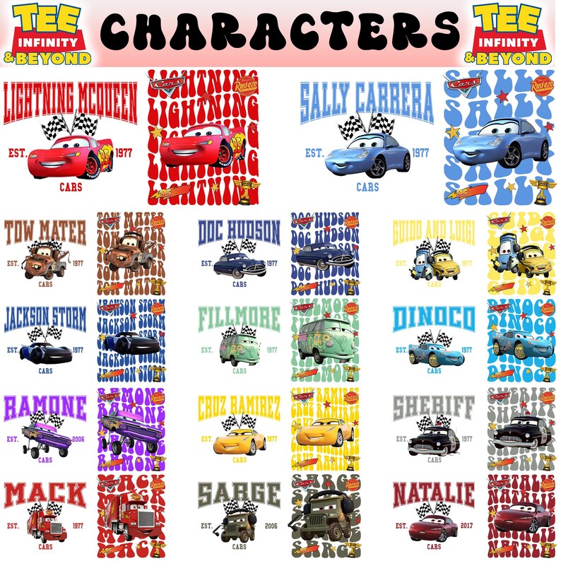 K&ouml;nnte beinhalten: Eine Collage aus 16 bunten Bildern mit Charakteren aus der Disney Pixar Cars-Reihe. Jedes Bild zeigt einen anderen Charakter, darunter Lightning McQueen, Mater, Doc Hudson und viele mehr. Die Bilder sind vor einem wei&szlig;en Hintergrund platziert und enthalten den Namen des Charakters, das Jahr seiner Gr&uuml;ndung und das Wort "Cars".