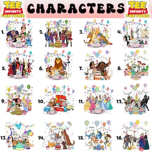 May include: Sixteen graphic t-shirts showcasing cartoon characters, each with a birthday cake, balloons, and the text "Name". The shirts have the text "TEE INFINITY & BEYOND" at the top. The designs are colourful and festive.