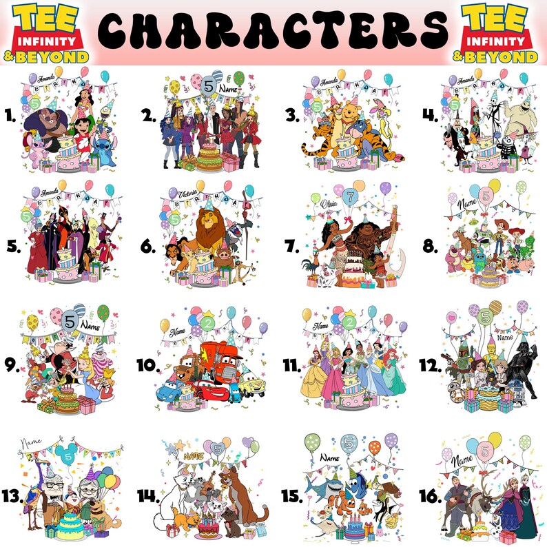 May include: Sixteen graphic t-shirts showcasing cartoon characters, each with a birthday cake, balloons, and the text "Name". The shirts have the text "TEE INFINITY & BEYOND" at the top. The designs are colourful and festive.