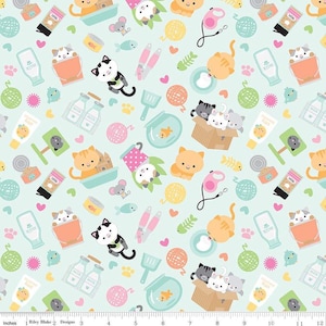 May include: A light blue fabric featuring a repeating pattern of cartoon cats, cat toys, and cat-related items. The design includes kittens in boxes, food bowls, and milk bottles. Other elements include fish, mice, and paw prints.