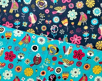 Camelot Birds and Flowers Fabric Yardage, Navy and Turquoise