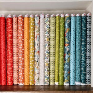 May include: A collection of rolled fabric bolts in various colors and patterns, including red, orange, yellow, green, and blue. The fabrics feature floral, geometric, and abstract designs, neatly arranged on a shelf. The bolts are of varying widths.