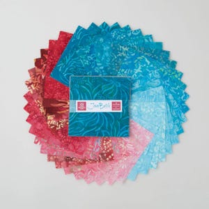 May include: A collection of batik fabric squares in shades of teal, blue, pink, and red, arranged in a circular pattern. A square bundle of teal fabric with the text "Java Batik" is centered on top. The fabric has a floral design.
