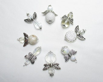 ANGEL Mini Ornaments Set of 8; White Clear Silver Beaded Mini Christmas Easter Angel Ornaments for Tabletop Tree