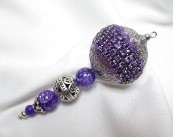 SOLITARY Purple and Silver Rhinestone Bead Miniature Christmas Tree Ornament or Pendant