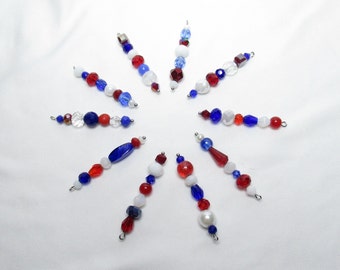 SALUTE Red White & Blue Beaded Mini Tree Ornaments, Set of 10; Beaded Rear View Mirror Charm, Mini Suncatcher; American Patriot 4th of July