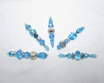 TIDE Aqua Blue Silver Beaded Mini Christmas or Easter Tree Ornaments, Set of 5; Turquoise Blue Silver Bead Mini Suncatcher or Beach Ornament