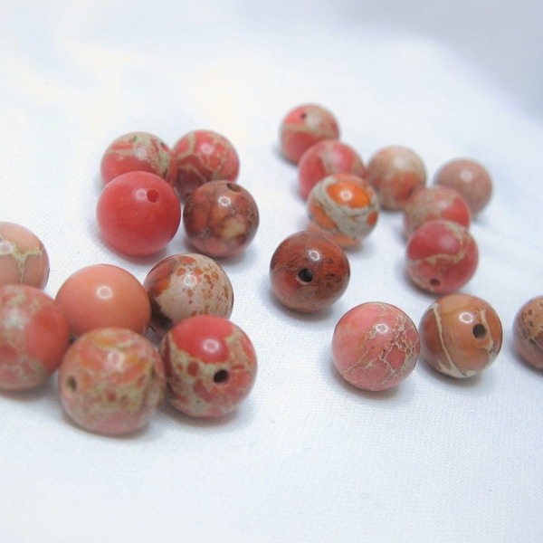 IMPERIAL JASPER Coral Orange, Bronze Brown, Sandy Tan Beads Lot of 21; Burnt Orange and Chocolate Brown Marbled 10mm Round Beads