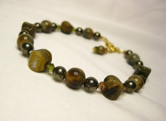 One-of-a-kind Natural Sodalite and Picture Jasper Bead Anklet 9 Length Handmade