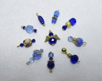 VICTORY Cobalt Blue and Gold Beaded Mini Christmas Easter Tree Ornaments or Charms, Set of 10; Miniature Micro Bead Tabletop Tree Ornaments