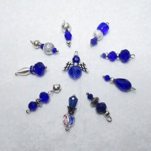 BEACON Cobalt Blue & Silver Beaded Mini Christmas Tree Ornaments or Charms, Set of 10; Tiny Dark Royal Blue Silver Bead Ornaments or Charms
