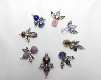 ANGEL Mini Ornaments Set of 8; Purple Silver Beaded Mini Christmas Easter Angel Ornaments for Tabletop Tree