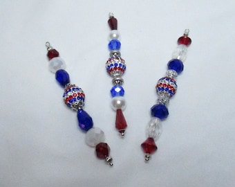 REPUBLIC Red White Blue Mini Tree Icicle Style Bead Ornaments, Set of 3; Red White Blue Beads; Glass, Silver, Shamballa Beads; USA Ornaments