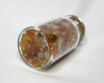 RED AGATE Gemstone Mini Chips, Orange Red Yellow Clear, Undrilled and Tumbled, in Small Glass Bottle with Cork