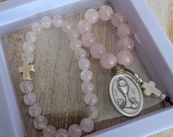 Erstkommunion Geschenkset: Edelstein Rosenkranz Perlen & Kreuz Armband