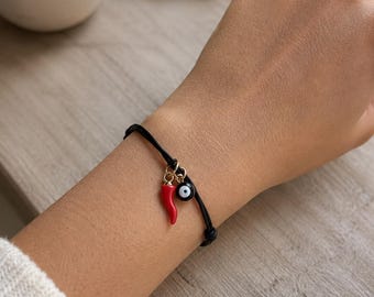 Italian Horn Leather Bracelet, Cornicello Evil Eye Charm