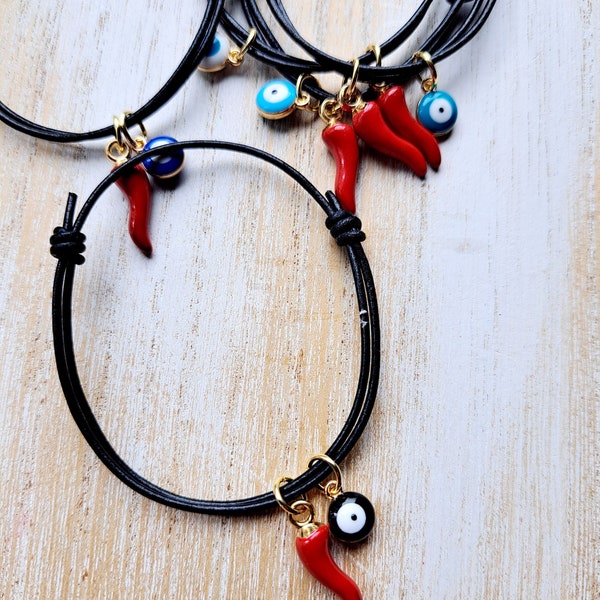 italian cornicello bracelet for men, evil eye jewelry for women, malocchio, red cornicello charm, italian horn bracelet, good luck talisman