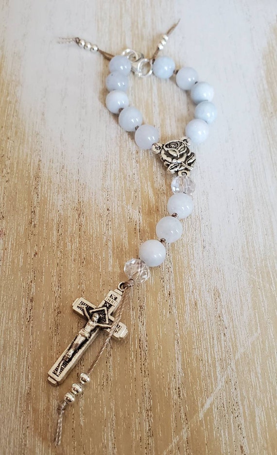 Mini rosary beads, blue rosary, catholic prayer beads, religious gift for  her, car rosary, rear view mirror rosary, one decade rosary