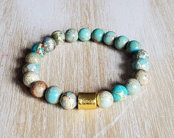 8mm jasper bracelet, gemstone bracelet for women, mothers day gift from daughter, mala beads, healing crystal bracelet, gold bead bracelet