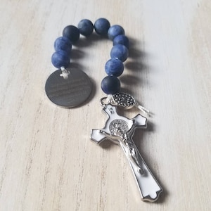 One Decade Rosary with 10mm Gemstone Beads & Serenity Prayer Medal, Stainless Steel Pocket Rosary, Catholic Gift, AA Recovery Token, Prayer