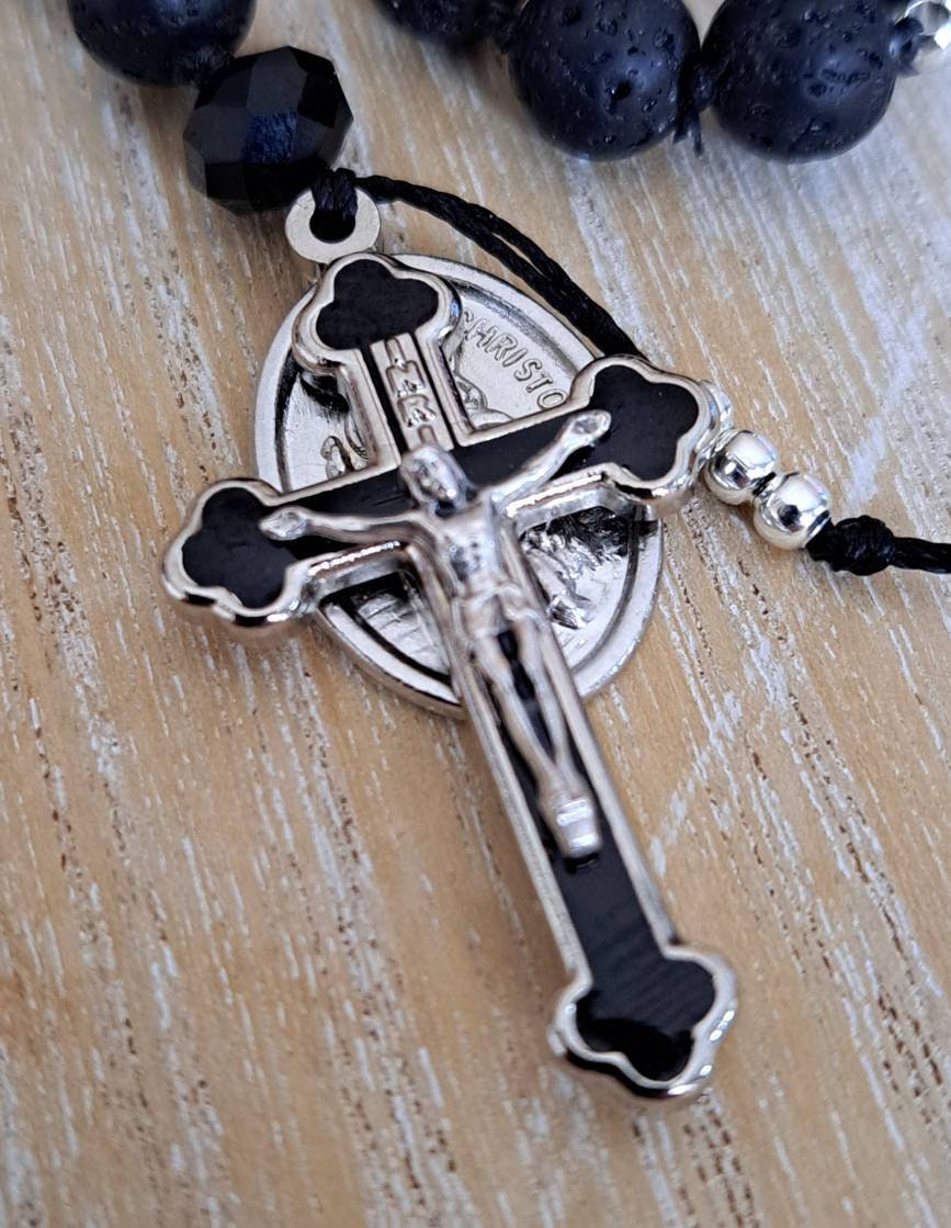 Lava Stone Rearview Mirror Rosary, Catholic Travel Gift With Saint