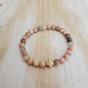 gold cross bracelet women, small cross bracelet for girls, pink sunstone cross bracelet, religious gift for her, confirmation sponsor gift