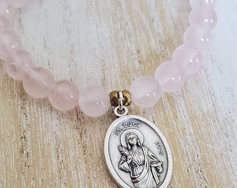 Sankt Lucia armband, skyddshelgon för blinda smycken, katolsk eller kristen gåva, rosenkvarts skyddsarmband, andlig gåva till henne