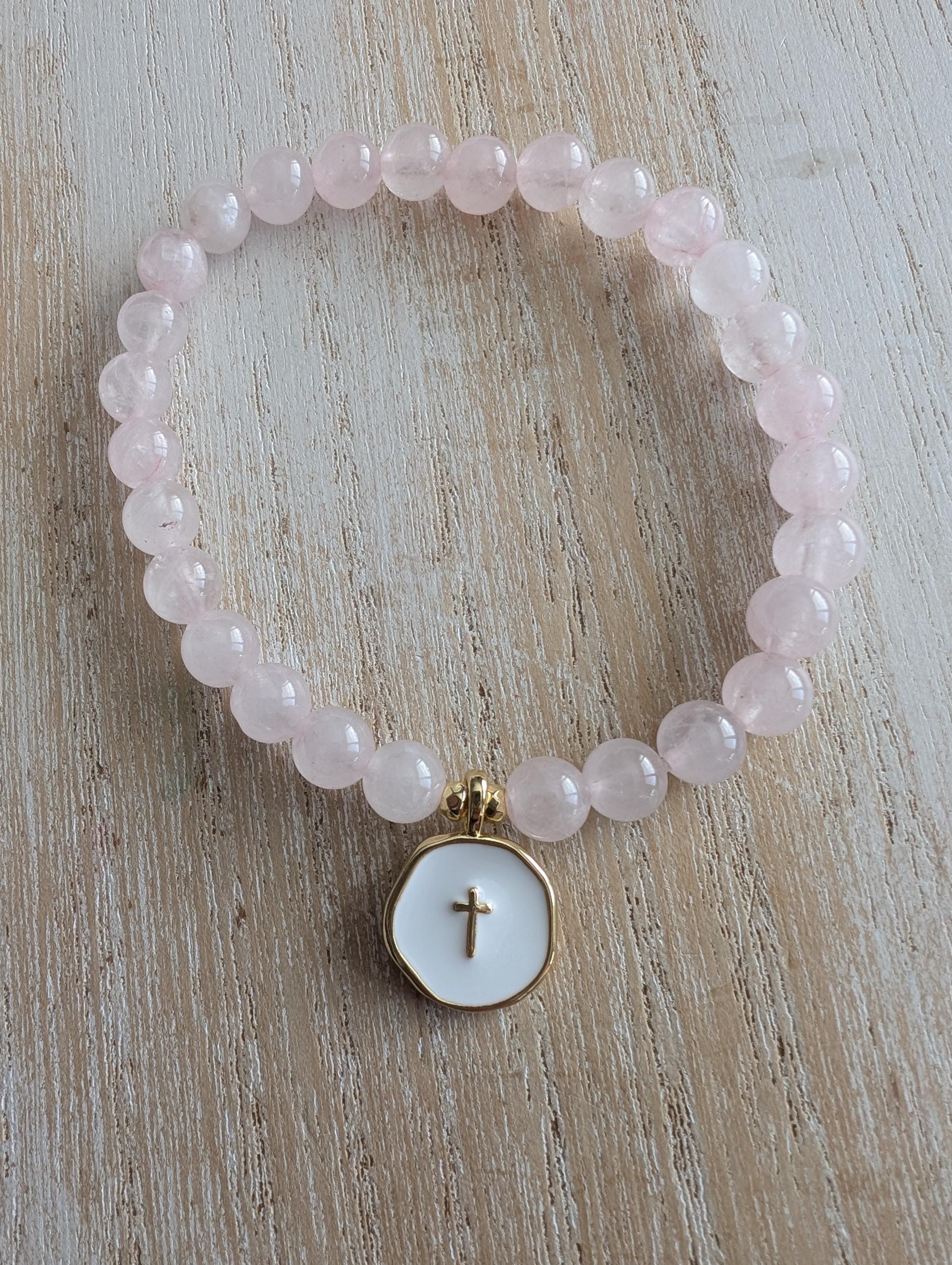 Rose Quartz Beaded Cross Bracelet, Christian Christmas Gift