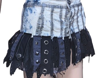 Apocalyptic Wasteland Upcycled Reworked Acid Wash Denim Grommet Skirt clothing Festival Dancewear