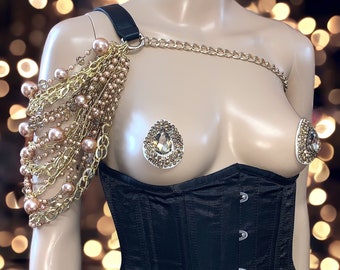 Razzle Dazzle Pinup Beauty Gold Chains Beaded Jewels Leather Strap Shoulder Harness Armor Body Jewellery Piece Costume LARP Dancewear