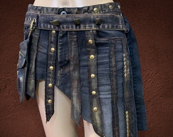 Dystopian Wild West Wasteland Warrior Distressed Asymmetrical Studded Denim Skirt With Utility Belt