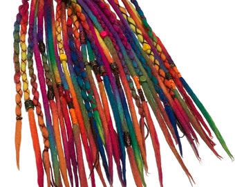 One of a kind Double Ended 15 Piece set Rainbow Tribal Natural wool Long Dreadlock extensions with Decorative wrap ties and wooden beads