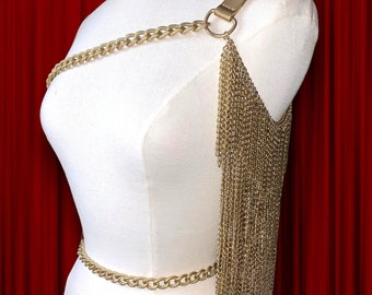 Handcrafted Gold Chain Fringing Harness Leather Strap Shoulder jewelry Costume