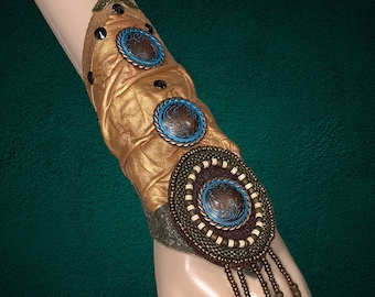 Goddess Armor Gold Olive Green Studded Genuine Leather Handcrafted with a Rhinestone Applique Tribal Native Fusion Cuff Bracelet