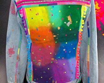 Psychedelic Cowgirl Circus Hand painted Reworked Vintage Denim Jacket Festival Stage Wear