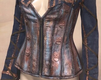 Dystopian Steampunk Metallic Handpainted DIstressed Overbust Steel Boned corset Cosplay Larp Costume Wasteland Burning man  Festival Corset