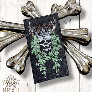 House Of Hexy Ancient Sprite Warrior Goddess Pagan Deity Quartz Crystal Crowned Antlers Iron on patch Dark Forest Folklore