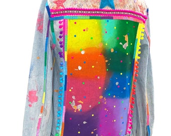 Psychedelic Cowgirl Trippy Rainbow Hand painted Reworked Denim Jacket Festival Stage Wear
