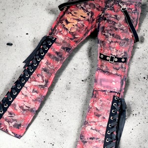 00s Oriental Goth Custom Hand painted Red metallic Jeans Hand crafted Chunky Corset Lacing Denim Jeans Pants Glam Rock Grunge image 1