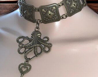 Steampunk Octopus Skeleton Key Antique Bronze Nautical inspired Statement Choker Necklace Wearable art Gifts