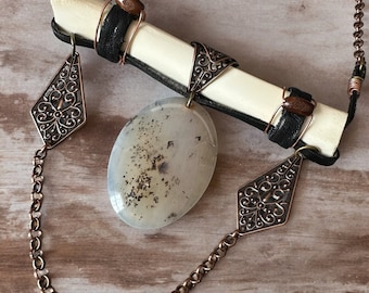 Primitive Ritual Handcrafted leather and copper Necklace features Milky Quartz Crystal Tribal Hippie Warrior Goddess Jewelry