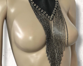 House Of Hexy Gothic Black Cowhide Leather Gunmetal Grey Chain Harness Statement Choker Necklace