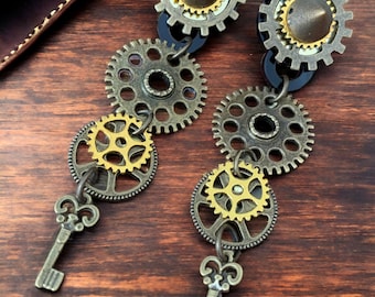 Lock and Key Steampunk Cogs Gold Bronze Statement Dangle earrings Handmade Gifts