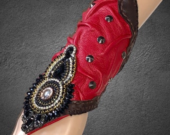 Goddess Amulet Red Brown Black Genuine Leather Handcrafted with a Rhinestone Applique Tribal Fusion Cuff Bracelet