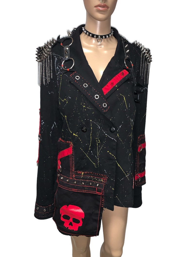 Wasteland Gothic Punk Rocker Reworked Studded Spiked Leather Harness Black Blazer Jacket image 6