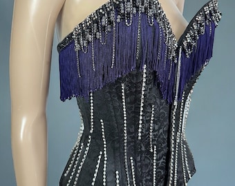 Gothic Cabaret Couture Rhinestone Crystal Embellished Steel Boned Black Brocade Overbust Corset
