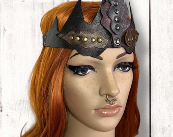 Handcrafted Cowhide Leather Tribal Warrior Crown: Medieval Headpiece with Antique Brass Studs