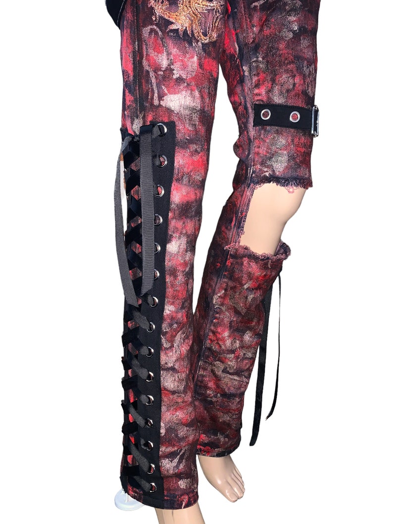 00s Oriental Goth Custom Hand painted Red metallic Jeans Hand crafted Chunky Corset Lacing Denim Jeans Pants Glam Rock Grunge image 9